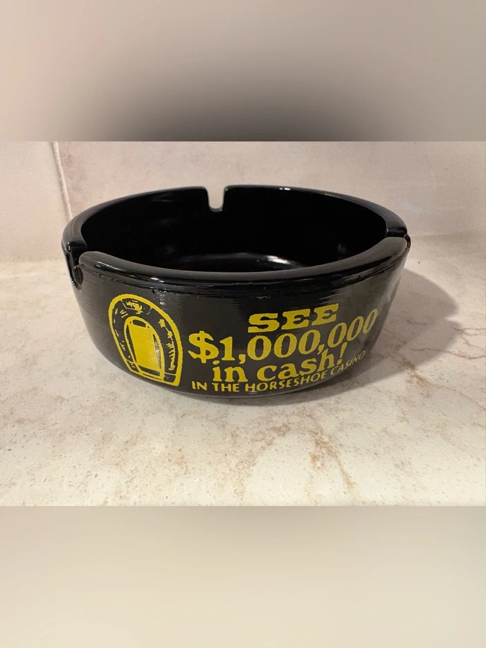 Binion’s Horseshoe Las Vegas Ashtray Black Glass Sombrero Room $1M Cash Vintage